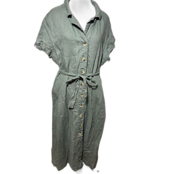 Quince Dresses & Skirts - Quince 100% European Linen Button Front Midi Dress Olive Green Sz Large Capsule